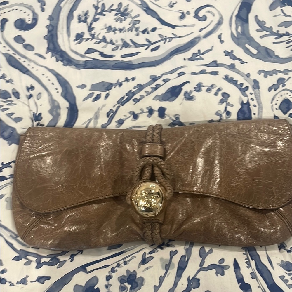 Taupe clutch with gold ball knot closure, two compartments